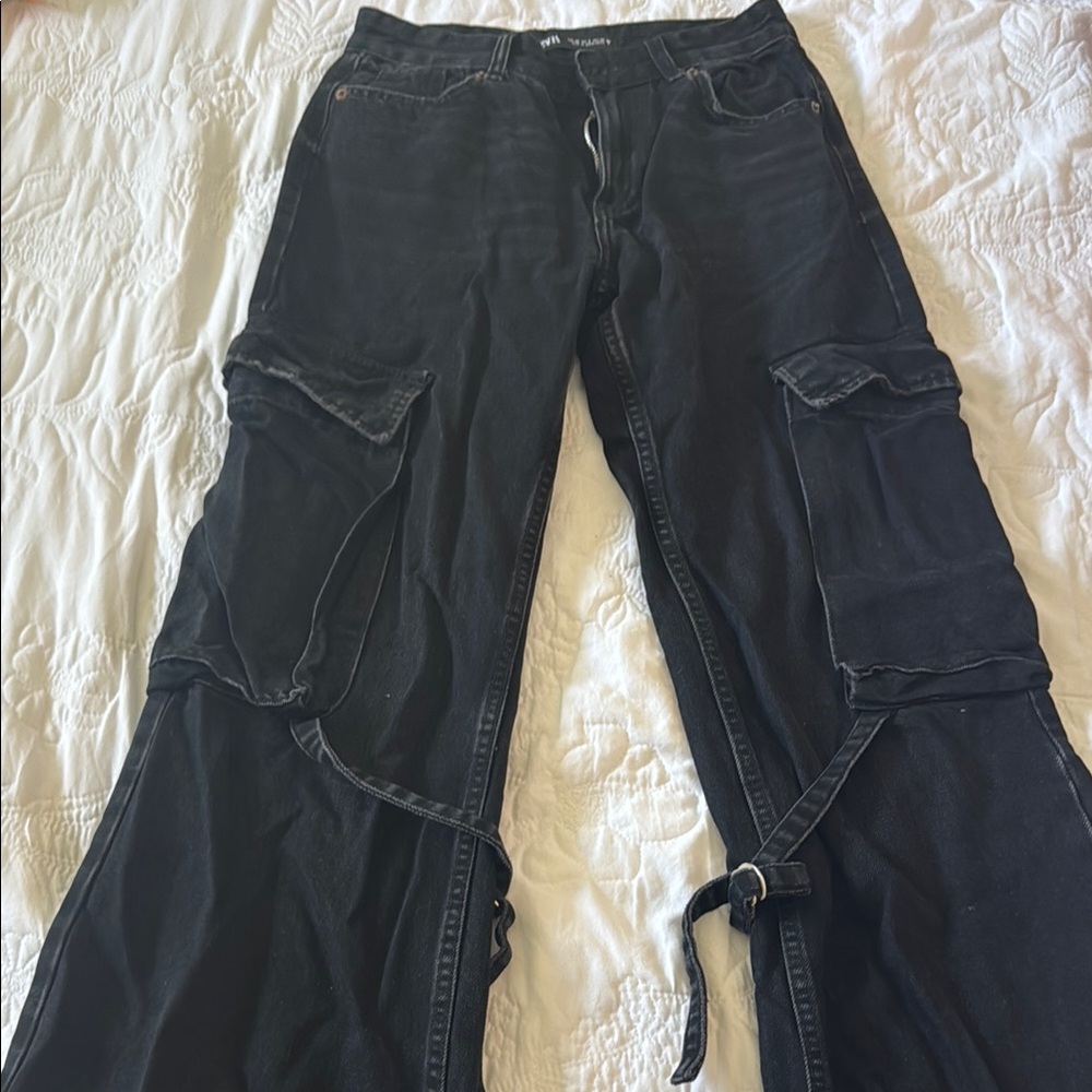 Black Cargo Pants with Tie Details
